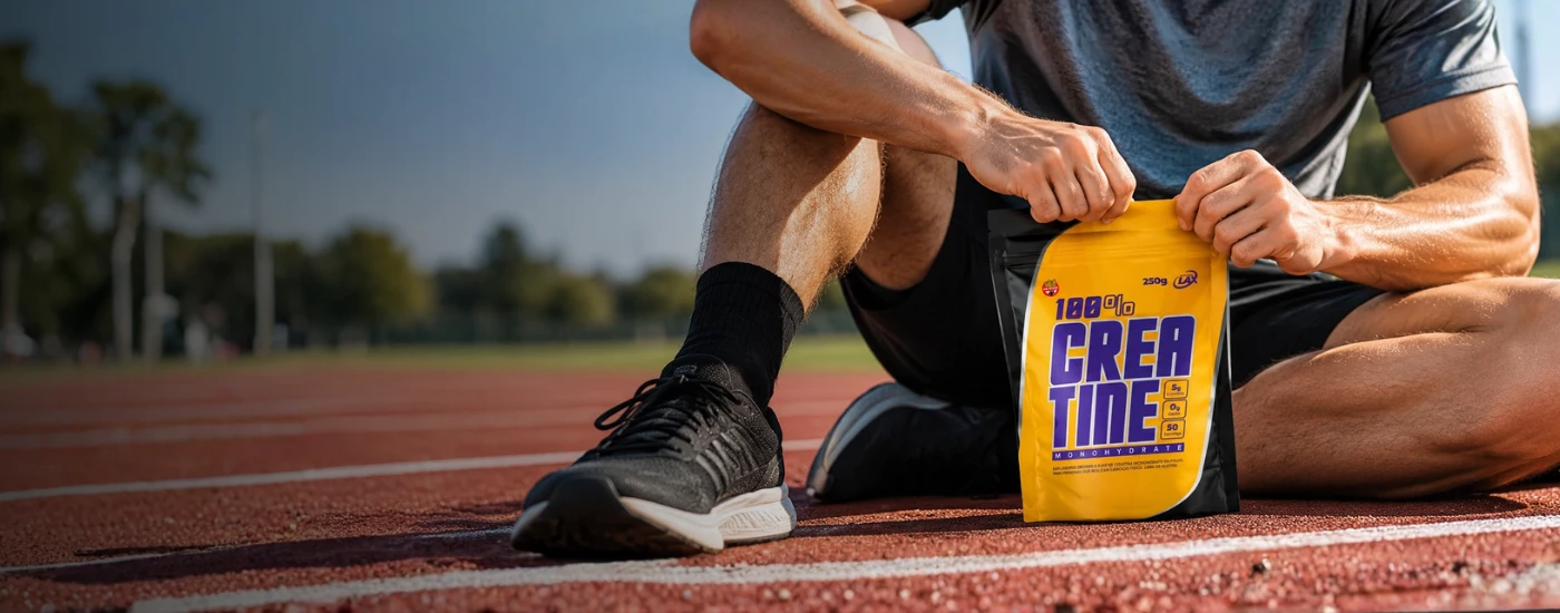 Atleta con un doypack de creatina monohidrato LAX de 250 gramos