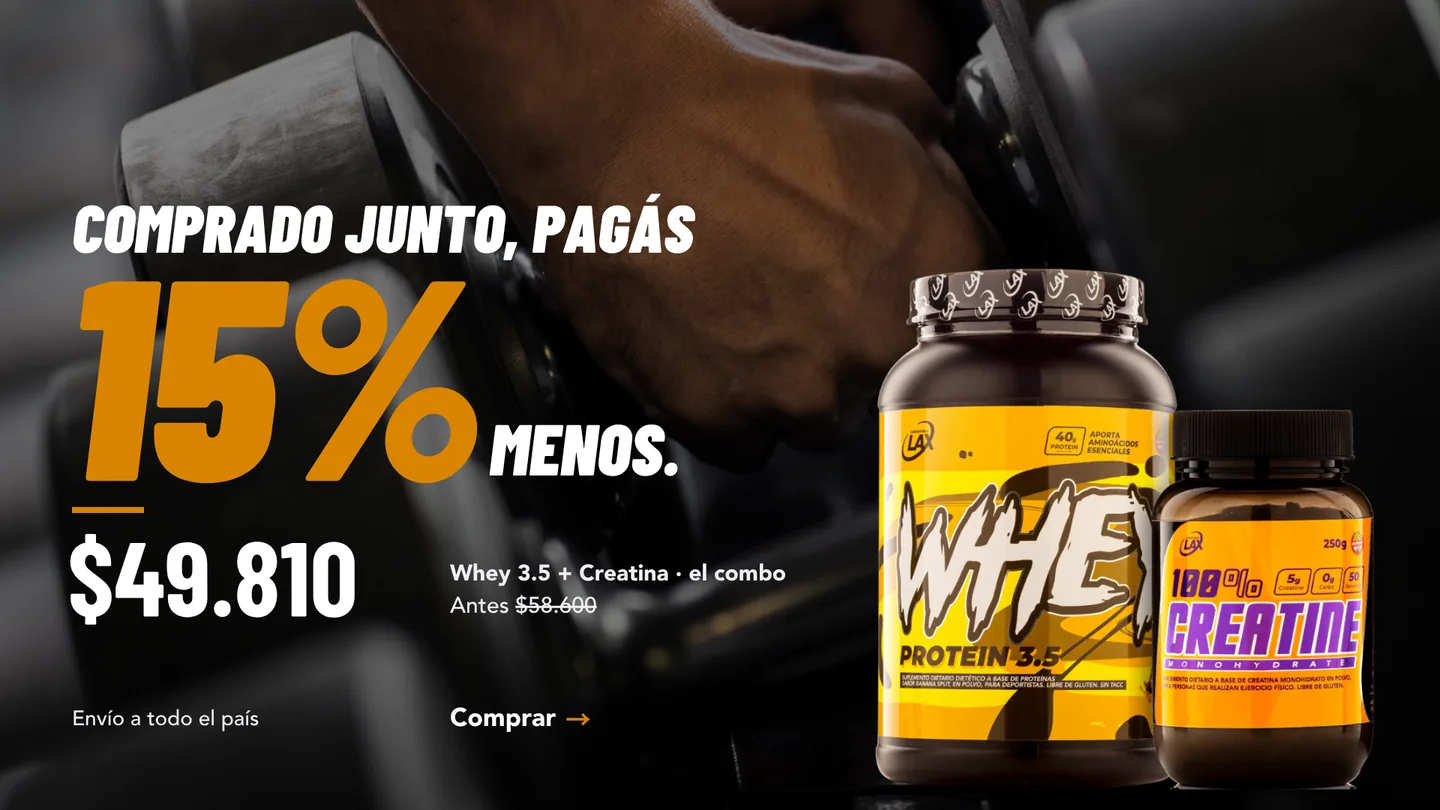 Comprado junto, pagás 15% menos. Combo Performance: Whey 3.5 + Creatina a $49.810, antes $58.600.